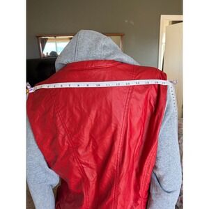 Yoki Red Faux Leather Mixed Media Moto Jacket Grey Hooded Sherpa Lined JK3397X